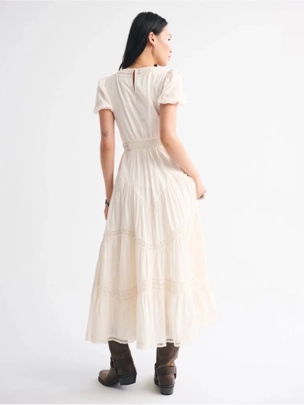 Abercrombie & Fitch Cream Puff Sleeve Lace Maxi Dress